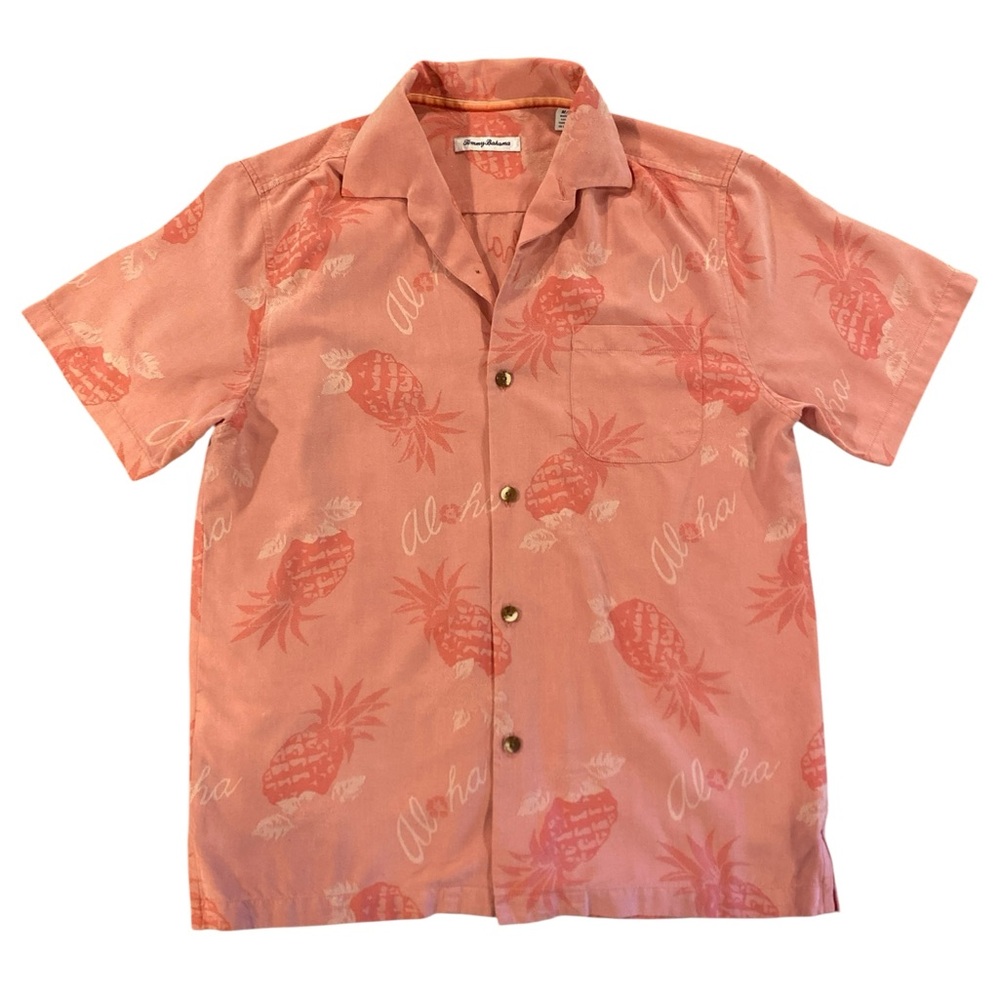 Tommy Bahama pink/coral Pineapple aloha‎ Men's Shirt. 75% Silk - size medium